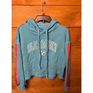 Ole Smoky Tennessee Moonshine Cropped Hoodie Turquoise Blue Distressed M